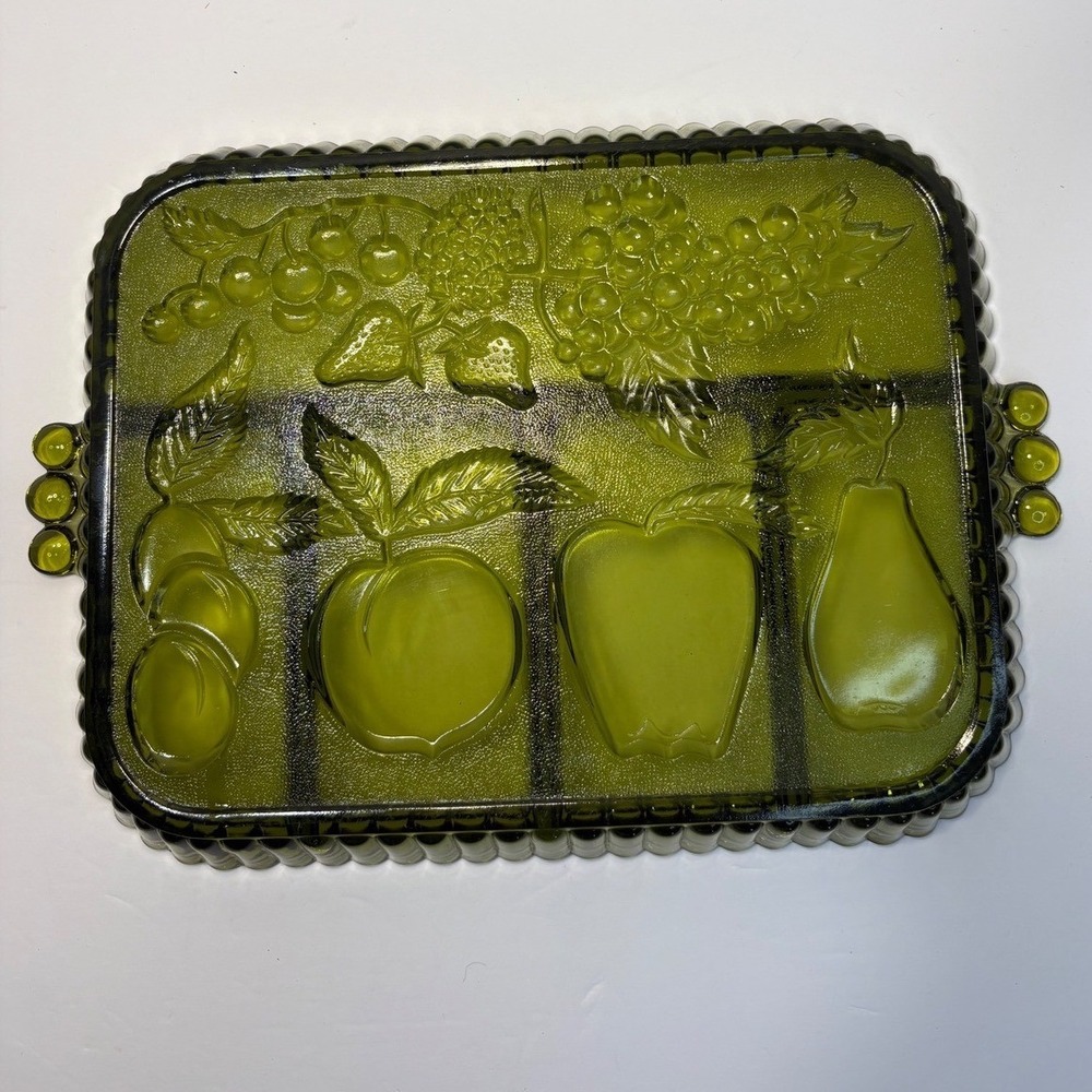 Indiana Glass Olive Green Fruit Embossed Divided Relish Tray Serving Dish Vntg - Picture 2 of 8